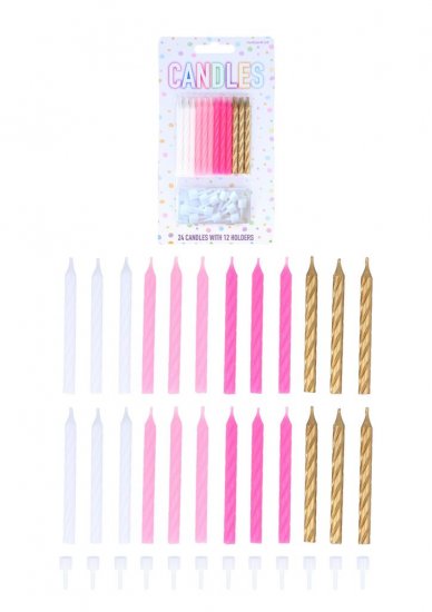 White Pink and Gold Party Candles with 12 Holders(6cm) 24PC - Click Image to Close