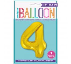 Gold Number 4 Shaped Foil Balloon 34"