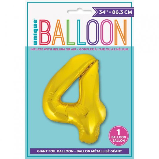 Gold Number 4 Shaped Foil Balloon 34" - Click Image to Close