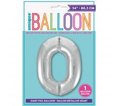 Silver Number 0 Shaped Foil Balloon 34"