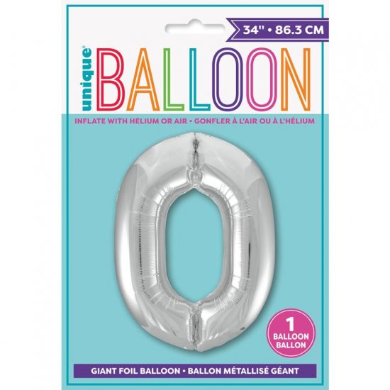 Silver Number 0 Shaped Foil Balloon 34" - Click Image to Close