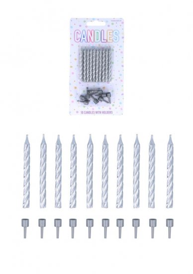 Silver Party Candles with 10 Holders (6cm) 10-Pack - Click Image to Close