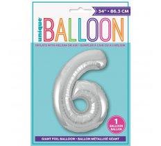 Silver Number 6 Shaped Foil Balloon 34"