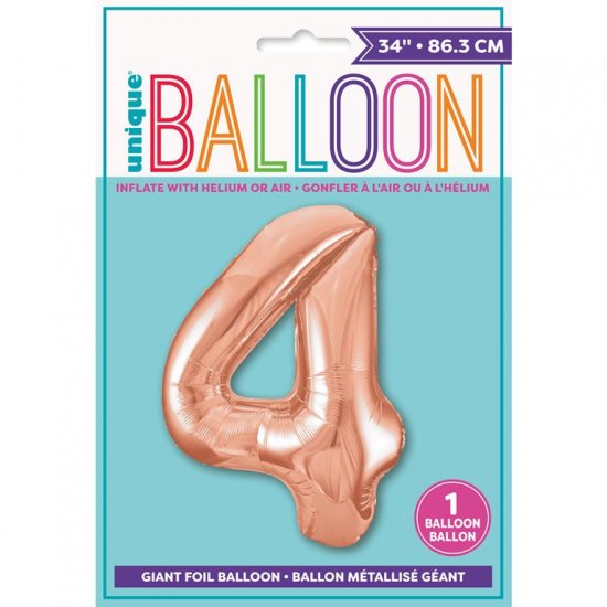 Rose Gold Number 4 Shaped Foil Balloon 34" - Click Image to Close