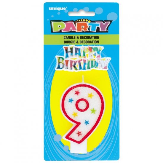 Number 9 Glitter Birthday Candle With Cake Decoration - Click Image to Close