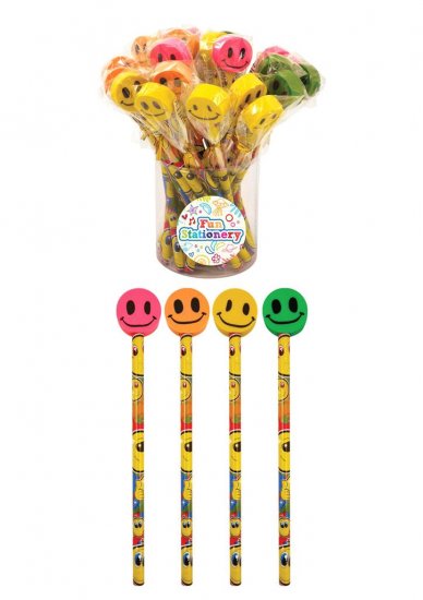 Smiley Face Pencil With Eraser Top X 24 ( 21p Each ) - Click Image to Close