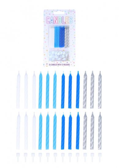 White Blue and Silver Party Candles with 12 Holders (6cm) - Click Image to Close