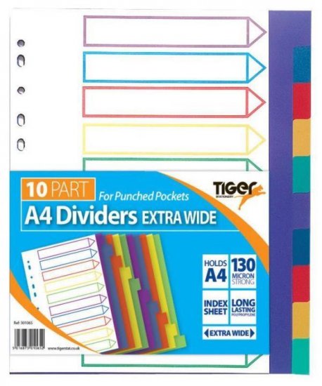Tiger A4 Ex Wide 10 Part Pp Dividers - Click Image to Close