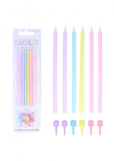 Pastel Tall Party Candles with Holders (12.5cm) 6PC - Click Image to Close