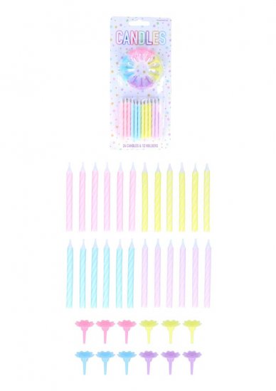 Pastel Party Candles with 12 Holders 6cm- 24pc - Click Image to Close