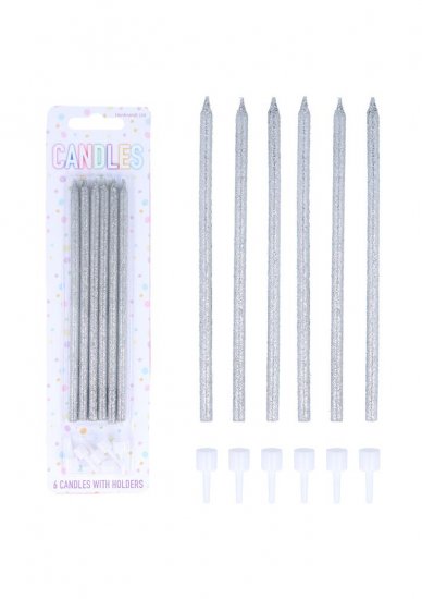 Glitter Silver Tall Party Candles with Holders (14cm) 6pc - Click Image to Close