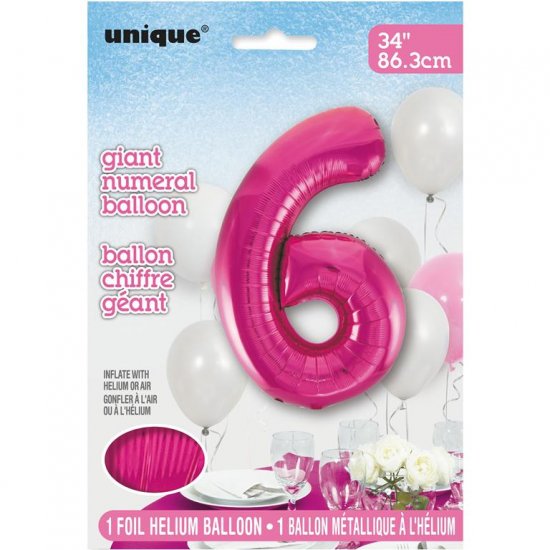 Pink Number 6 Shaped Foil Balloon 34" - Click Image to Close