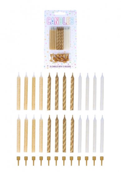 Gold Party Candles with 12 Holders 6cm 24 Pack - Click Image to Close