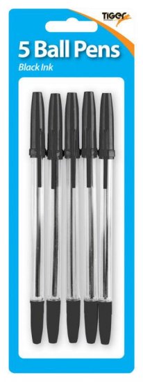 Tiger Black Ball Point Pens 5 Pack - Click Image to Close