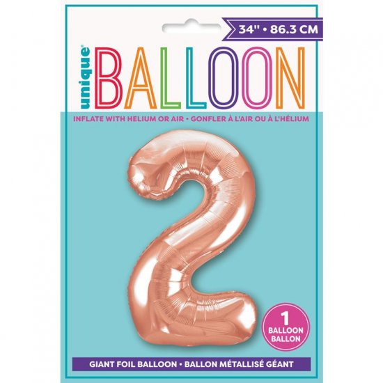 Rose Gold Number 2 Shaped Foil Balloon 34" - Click Image to Close