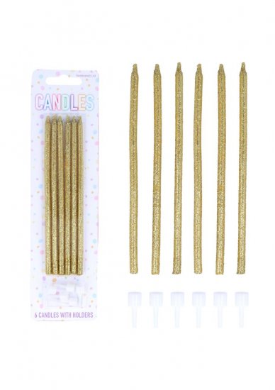 Glitter Gold Tall Party Candles with Holders (14cm) 6-Pack - Click Image to Close