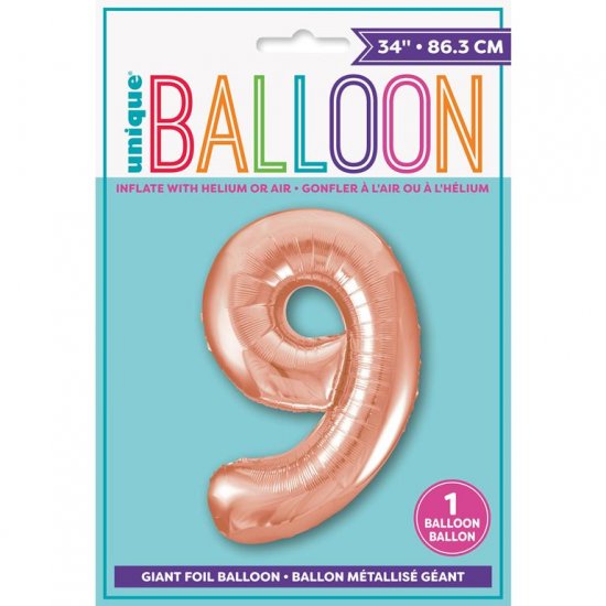 Rose Gold Number 9 Shaped Foil Balloon 34" - Click Image to Close