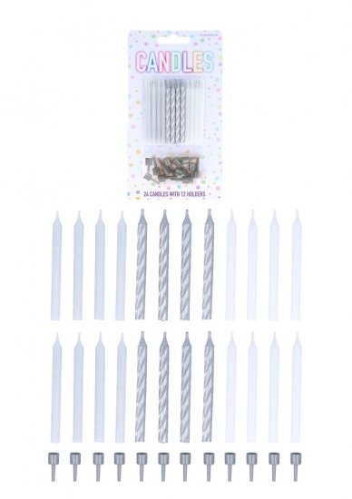 Silver 6cm Party Candles with 12 Holders 24 Pack - Click Image to Close