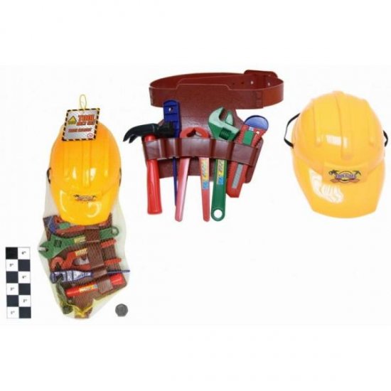 Plastic Construction Helmet With Tools In Net Bag - Click Image to Close