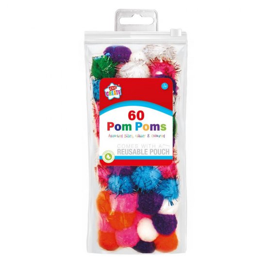 Kids Create Activity 60 Mix Coloured & Glitter Pom Poms - Click Image to Close