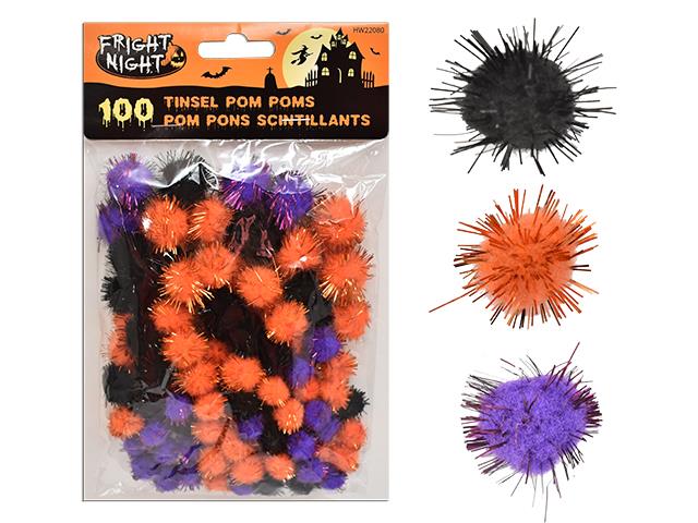 Assorted Halloween Tinsel Pom Poms 100 Pack - Click Image to Close